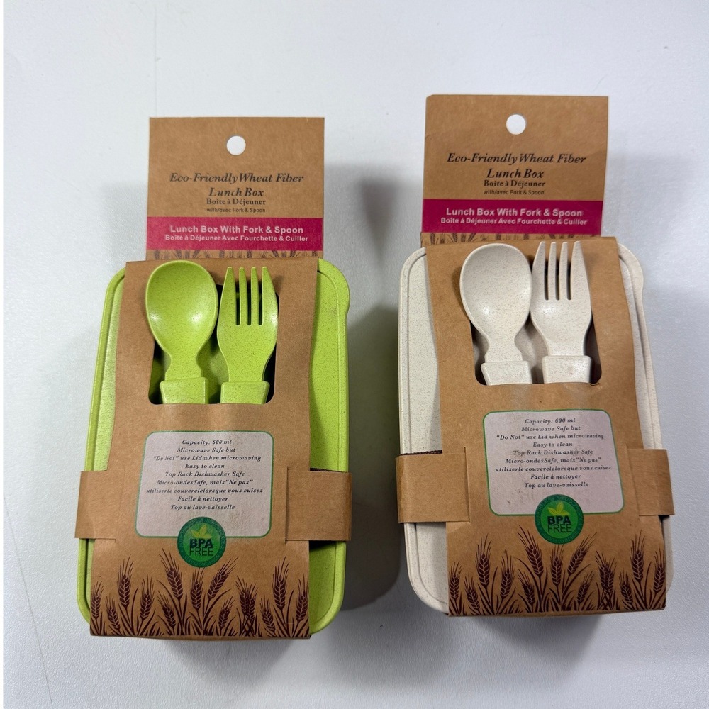 R Ideas Keka Wheat Bento Box Set 2 Lunch Box Fork Spoon Green Beige 600ml NEW